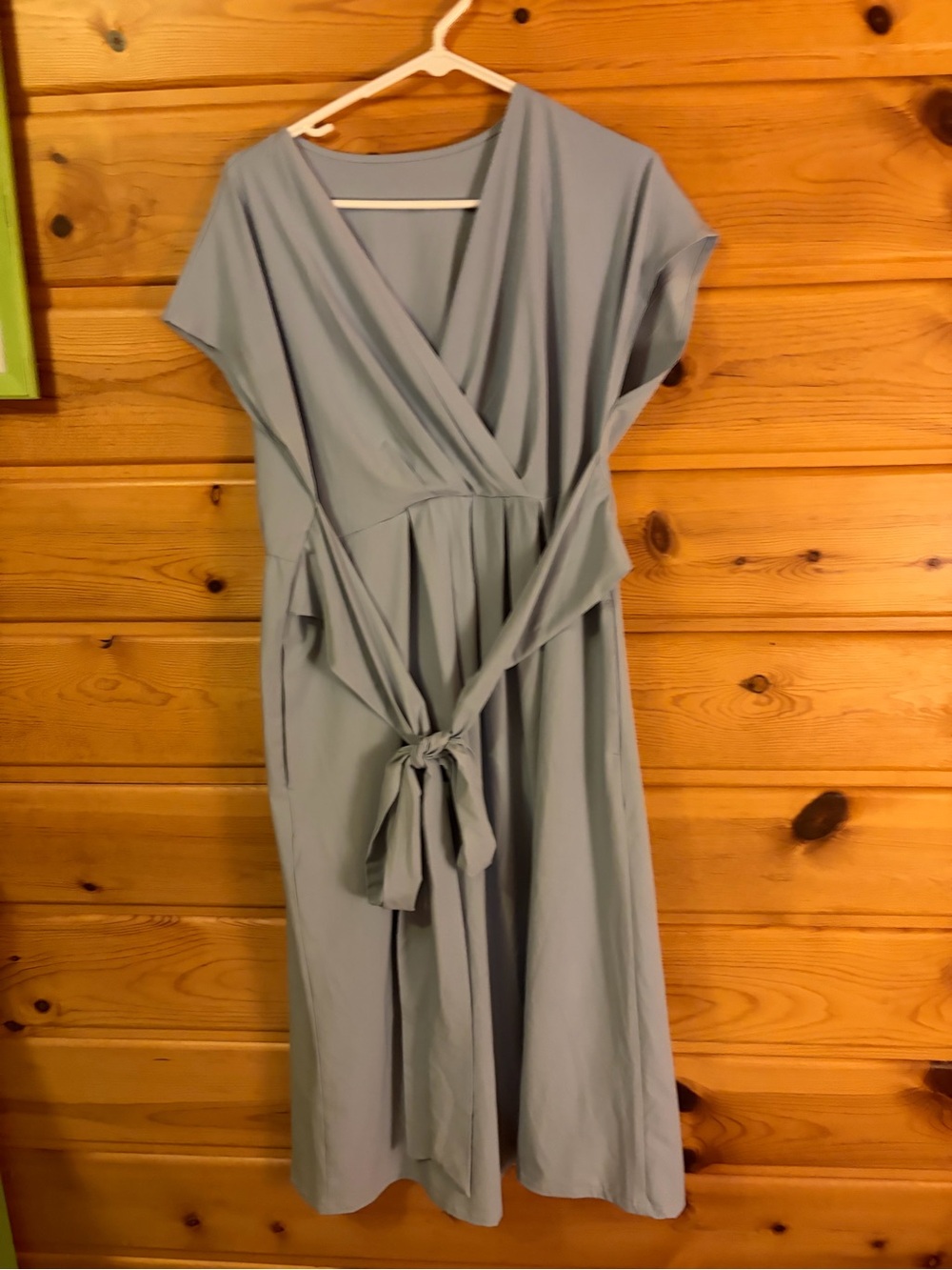 HALARA Soft Blue Wrap Midi Dress with Tie Waist